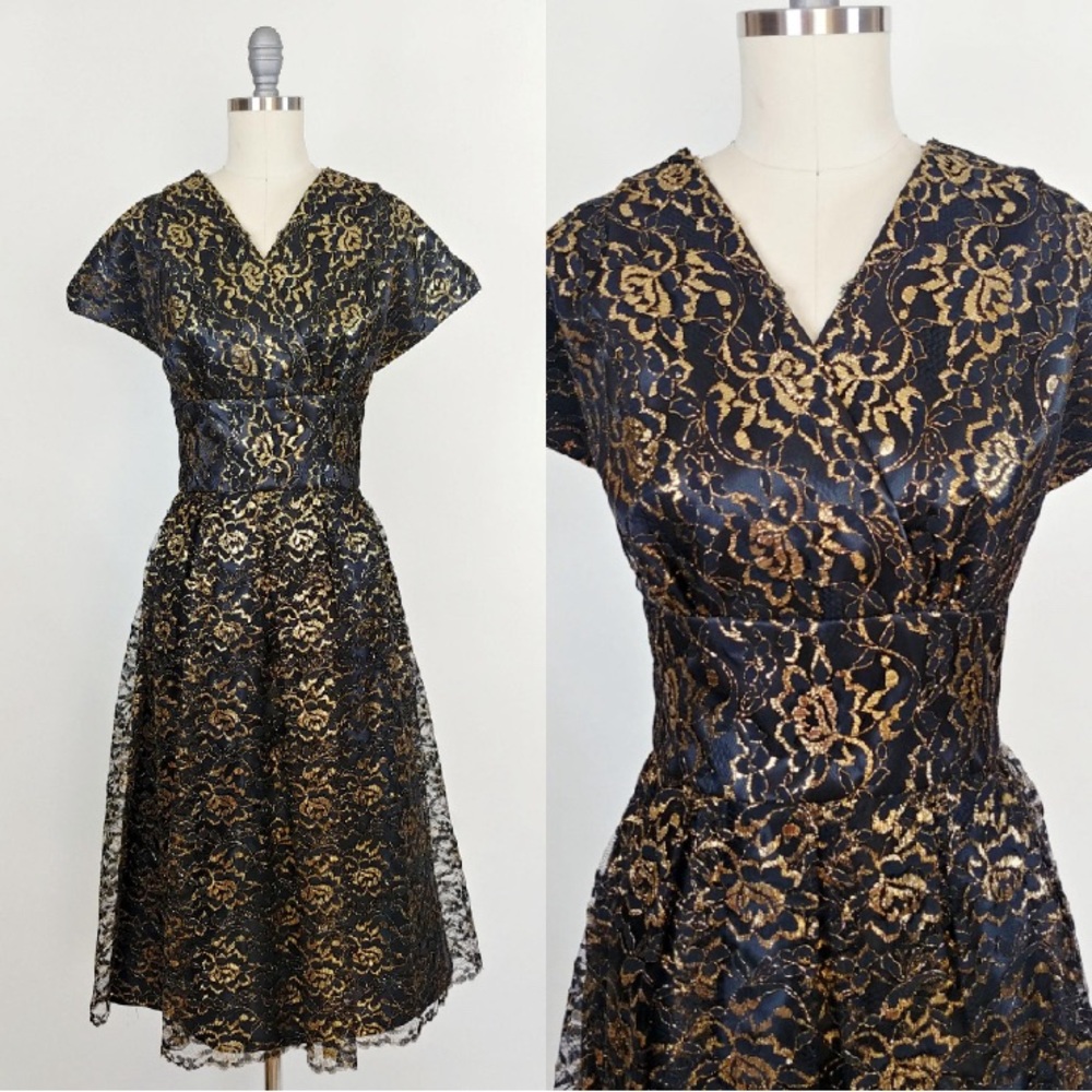 Black and Gold A-Line Vintage Midi Dress with Flutter Sleeves for Cocktail